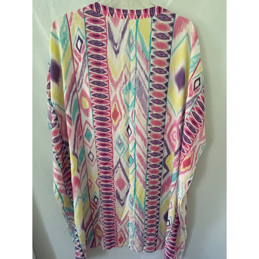 Walker & Wade Womens L Ikat Beaded Kaftan Beach Coverup Handmade Bali Pink Multi